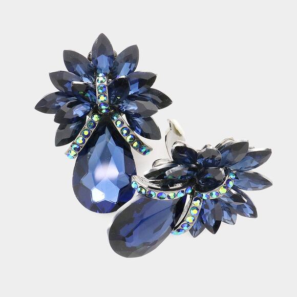 Clip on XL silver, blue & fluorescent stone pointed flower button style earrings - Picture 2 of 4